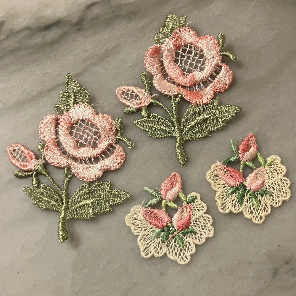 Vintage Floral Embroidered Lace Appliques sew project pink cream green flowers
